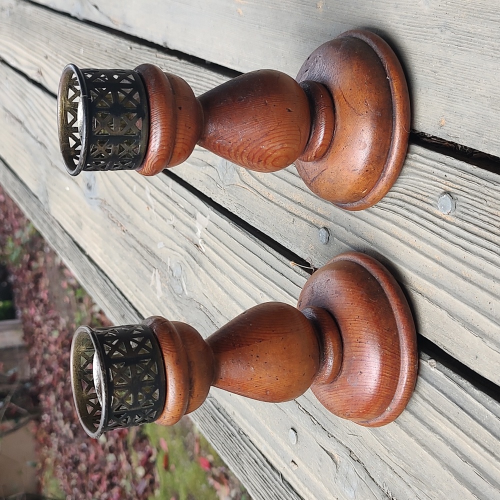 Vintage Boho Brass and Wood Candle Sticks